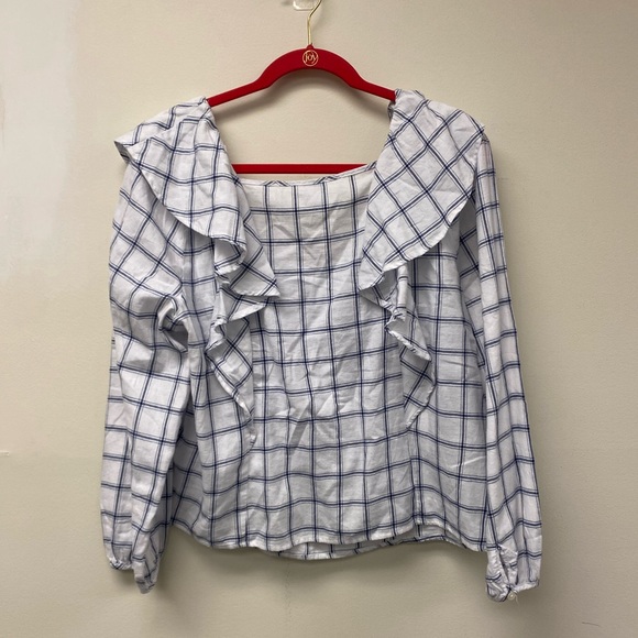 J.Crew Plaid Flannel Square Neck Ruffle Blouse size Large - Picture 4 of 9